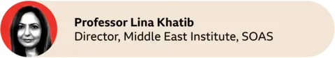 A red circle with a picture of Professor Lina Khatib, Director, Middle East Institute, SOAS