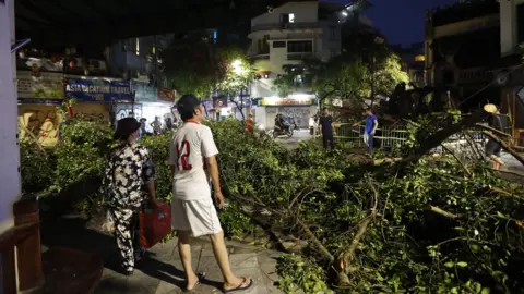 EPA A tree was cut down overnight in the Vietnamese capital.