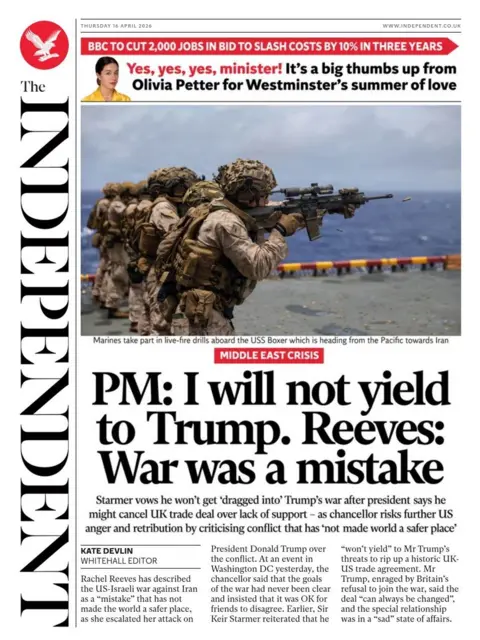 War was a mistake," reads the headline on the front page of the Independent.