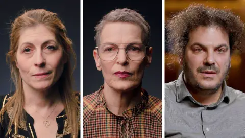 A composite image of three people. A woman with long brown-reddish hair wearing a black top with gold threads. A woman with short grey hair, thin-rimmed glasses and a check-pattern top. A man with curly brown hair and a beard, wearing a grey-blue shirt.