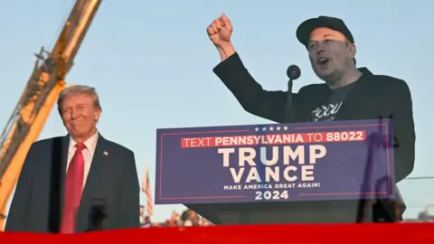 Getty Images Donald Trump and Elon Musk on-stage at a Trump-Vance campaign event in 2024. Musk is speaking at a podium bearing the campaign logo, while Trump stands next to him, smiling.
