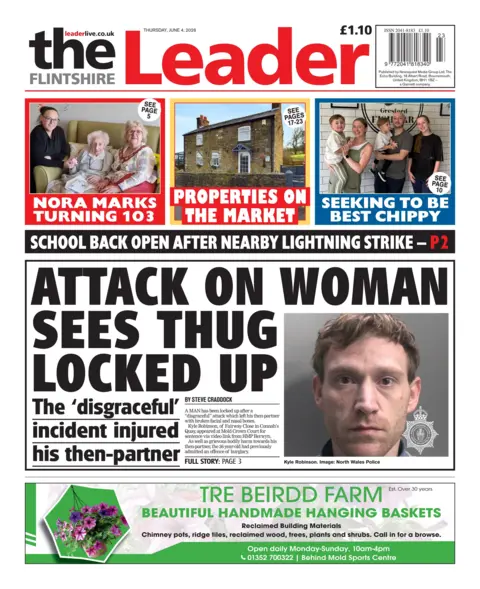 Flintshire Leader Flintshire Leader front page with splash headline "Attack on woman sees thug locked up".