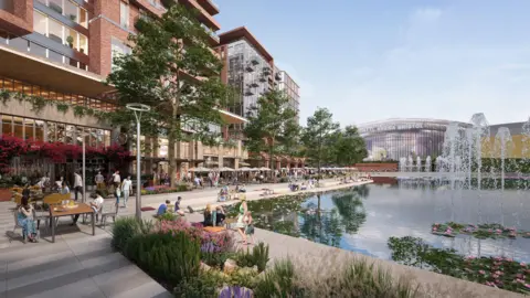 A computer visualisation of the YTL arena site in Bristol. The arena is visible in the distance, and is a large curved silver building. In the foreground there is a large lake with fountains and there are people sat around the edges on benches and chairs. There are bars and restaurants, under high-rise buildings, with trees and flowers. 