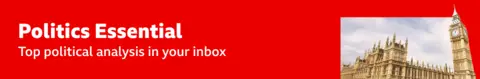 Thin, red banner promoting the Politics Essential newsletter with text saying, “Top political analysis in your inbox”. There is also an image of the Houses of Parliament.