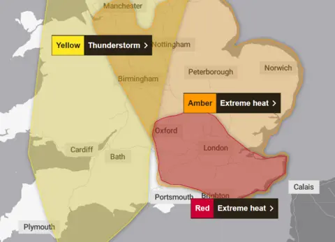 Met Office A map of the UK showing zones of weather alerts