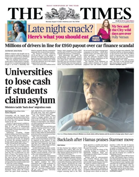 The Times headline reads "universities to lose cash if students claim asylum"