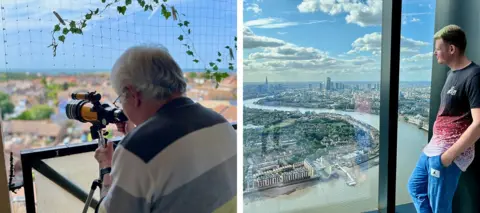 Composite image showing Invicta House resident David Bond (L) looking out from his balcony, and Landmark Pinnacle resident Guy Benson (R) looking out from the shared garden on floor 75 across the Thames river and city of London.