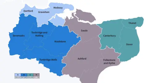 Swale Borough Council A map showing areas of Kent separated according to unitary councils.