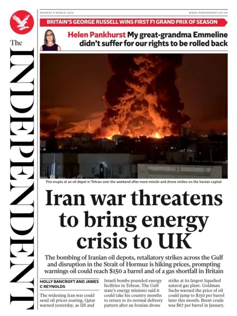 "Iran war threatens to bring energy crisis to UK," reads the headline on the front page of the Independent.