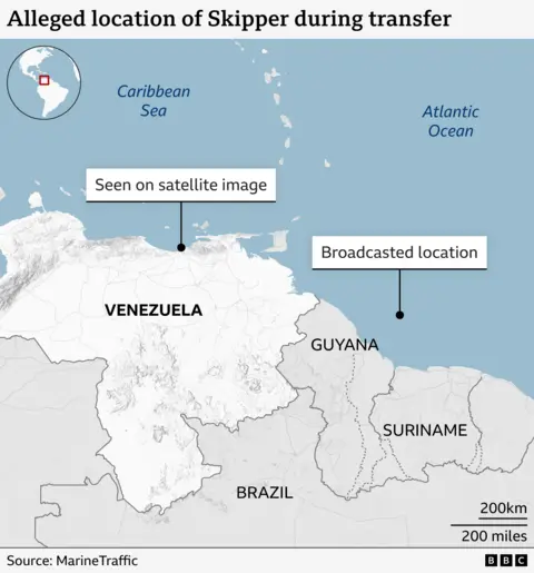 A graphic showing where the ship was seen on satellite images and where it had previously broadcasted its location. 