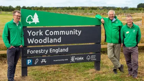 City of York Council Members of Forestry England lean up against the sign for the new York Community Woodland 