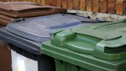 Three large outdoor wheelie bins placed side by side in a small garden or yard area. The bins are aligned in a row, with a brown bin on the left, a dark grey bin in the middle, and a green bin on the right. Each bin has a hinged lid and appears to be made of plastic, with slightly curved tops and handles near the front edges.