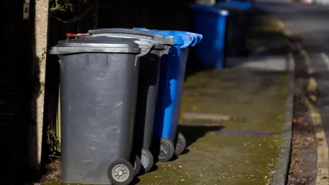 PA Media Grey rubbish and blue recycling bins lining a street.