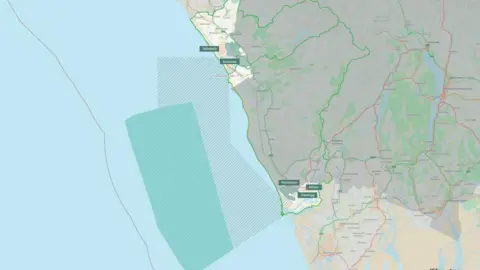 Nuclear Waste Services A map of the Cumbrian coast with Sellafield, Seascale, Millom and Haverigg highlighted. Two overlapping large areas in the Irish Sea are marked to show possible GDF locations.