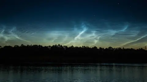 Peter Maciver A dark shot over the water. Dark shapes of trees cut across a bright night sky. White clouds seem to ripple across shades of yellow, green and blue in the sky.