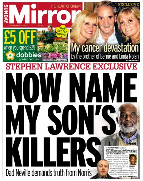 A front page of the Sunday Mirror shows the headline: Now name my son's killers, dad Neville demands truth from Norris. 