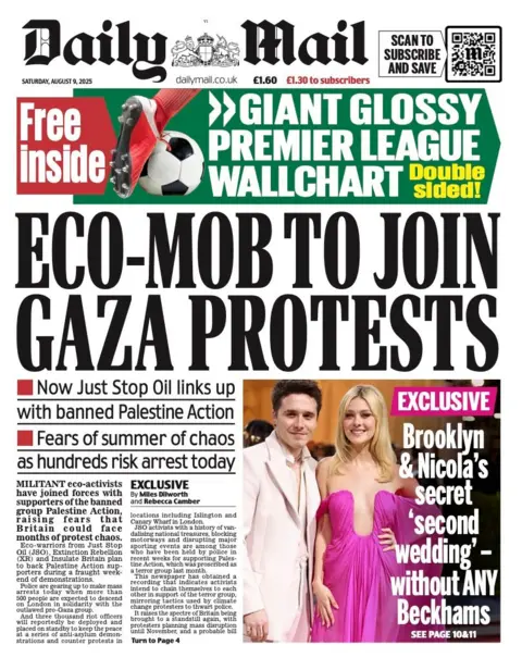 The headline on the front page of the Daily Mail reads: "Eco-mob to join Gaza protests".