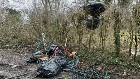 Phil Harrison/BBC Bin bags of dumped waste in the countryside near Yalding, Kent. The waste includes long chords of different colours. Two bin bags are hanging from trees.