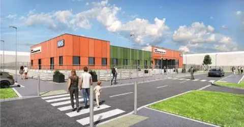 United Lincolnshire Teaching Hospitals NHS Trust Artist's impression of the single-storey facility. It shows a modern modular building with NHS signage at two of the corners. There are people on a crossing walking towards the entrance. There are a number of cars depicted in the image.