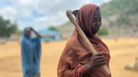 Aid cuts will push Nigerians into arms of Boko Haram militants, UN warns Ayo Bello / BBC A woman in a long brown headscarf wrap holding a digging tool over her shoulder. Behind her to the left and out of focus is a woman in a blue head scarf wrap in Gwoza, Nigeria - July 2025.