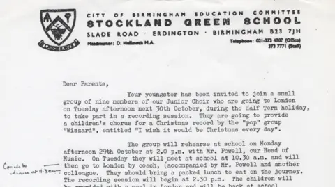 A typed letter addressed to parents of Stockland Green School, explaining their child had been selected to perform with Wizzard at a recording studio in London in 1973