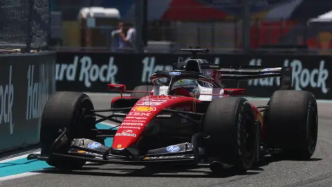 Ferrari's Charles Leclerc turns around a right-hand corner during practice for the Miami Grand Prix