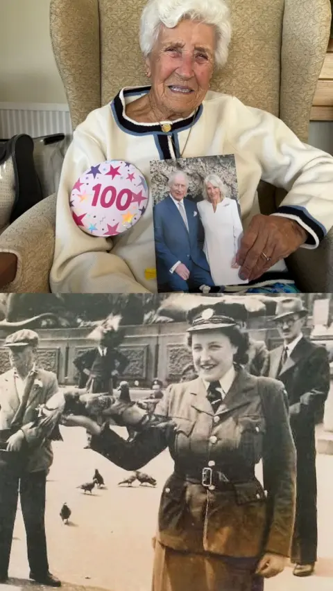 A split screen, the top half shows an elderly woman with a 100 birthday badge on and below is her in a war time uniform.