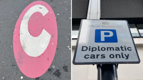 Composite image shows road sign shows Large white Congestion Charge 'C' inside red box (left). On the right is a 'diplomatic cars only' sign