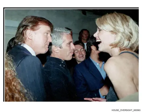 House Oversight Committee Trump pictured standing next to Epstein while talking to model Ingrid Seynhaeve at a party in 1997.