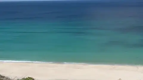 A sandy beach with blue sea beyond looked at from a cliff.