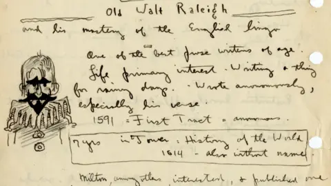 UC San Diego A page from Geisel's notebook that shows notes made on Walter Raleigh, alongside a sketch of Raleigh.