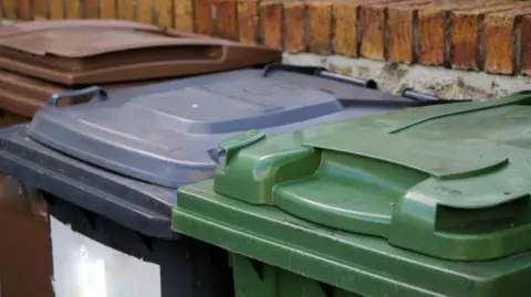 Getty Three bins are lined up against a red brick wall. They are brown, black and green. 