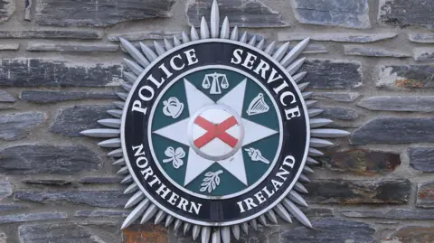 Police Service Northern Ireland badge against a brick wall. 
The badge is black on the outside, green in the middle with justice symbols and then the inner has a star with a red St George's cross. 