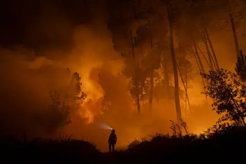 Getty Images A member of the Emergency Military Unit (UME) works to extinguish a wildfire next to a village on 19 August 2025 in Pepín, in Ourense province, Spain.