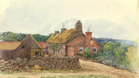 Société Jersiaise The image appears to be a 19th Century watercolour painting of a rural Jersey farmstead, showing a cluster of stone and brick buildings with pitched roofs set along a country track. In the foreground there is a low stone wall and a pile of rocks, while the background is filled with trees.