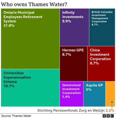 Grafik yang menunjukkan pemilik Thames Water yang berbeda dan persentase yang mereka miliki dari perusahaan