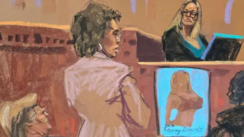 Reuters Court sketch shows Stormy Daniels on the witness stand, with a poster of her wearing a bra on show as a court exhibit. Trump's lawyer is standing up in front of her, and Trump can be seen looking up towards the witness stand