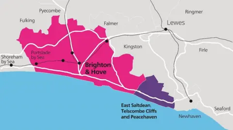 Brighton and Hove City Council A map with a large pink and purple area highlighted in the middle.