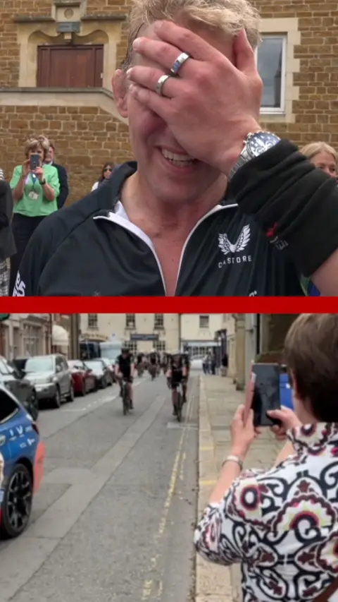 A composite image of Lewis Moody giving an interview and cycling