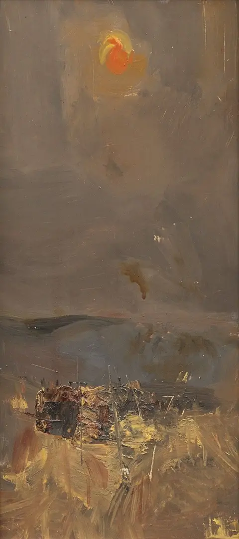 The estate of Joan Eardley courtesy of The Scottish Gallery Muted, atmospheric landscape painting with a hazy grey sky and a glowing red-yellow sun near the top. Loose, expressive brushstrokes suggest a low horizon with rough grasses or scrub in the foreground and distant land fading into mist.