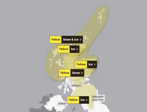 MET OFFICE A Met Office weather warning map which shows ice warnings for north and north-east Scotland, as well as central and south. Snow warnings are in place for the central Highlands and snow and ice warnings covers all of northern Scotland including Orkney, Shetland and the Western Isles