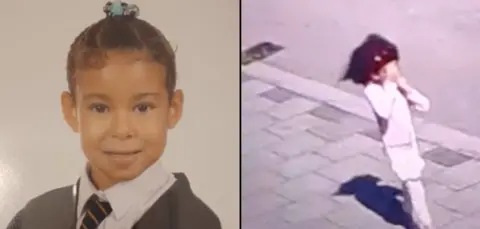 Met Police. A compiste image of a missing six-year-old girl in London. On the left is a school photo headshot, on the right is a CCTV image of her walking down the road. 