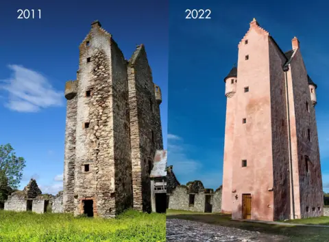Landmark Fairburn Tower in 2011 looking very wrecked and neglected and then in 2022 looking all fresh and pink