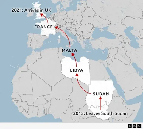 A map showing Africa and Europe with a red line showing a route taken from South Sudan to the UK.