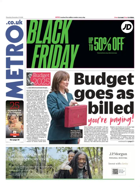 "Budget goes as billed... you're paying!" reads the headline on the front page of the Metro.