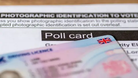 A stock image of a UK Drivers license and polling card shown in close up