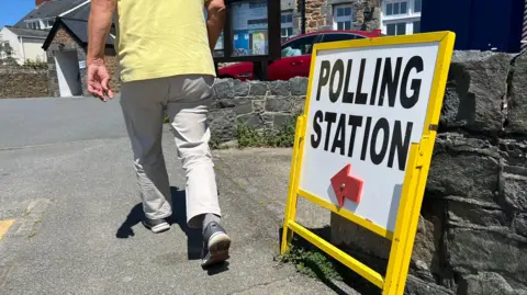 BBC A man in a yellow top walks past a yellow polling station sign, with a red arrow in the direction he is walking.