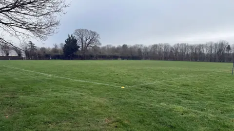 Grass sports field with obvious muddy spots. A single yellow cone marks out the corner of the pitch in the foreground. The far side of the field is bordered by large, mostly leafless trees.