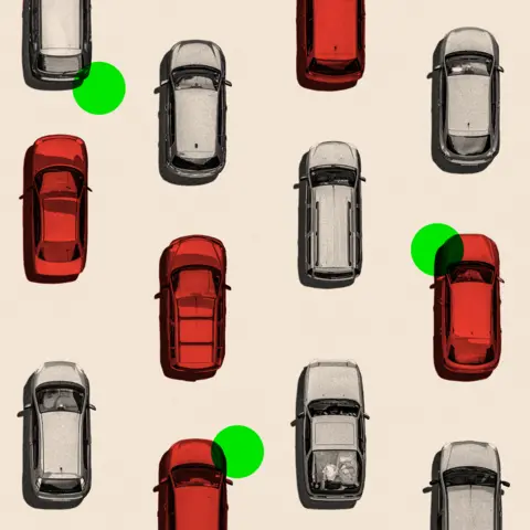 BBC A treated image showing an aerial view of cars in grey and others highlighted in red