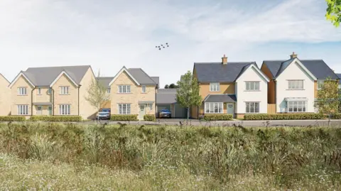 Bloor Homes Ltd An artist's impression of a housing estate. It includes a row of detached and semi-detached houses, with a road in front of them and in front of that, a field of wildflowers and plants. 